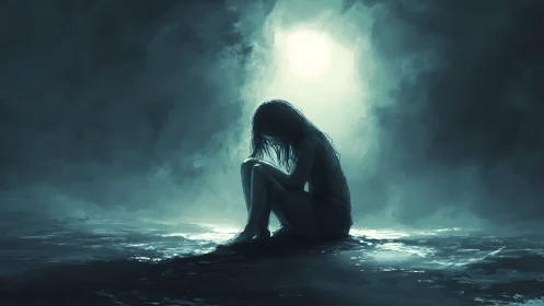 Solitary figure in misted pool under backlit moon haze