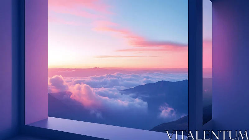 Soft sunrise window over cotton candy cloud mountains.