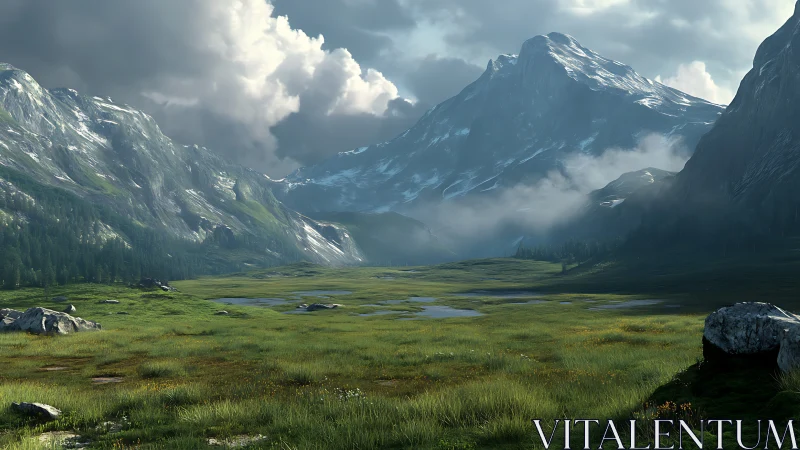 Snow-capped alpine valley rendered in high-detail 3D landscape