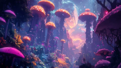 Bioluminescent mushroom forest glows under iridescent nebula