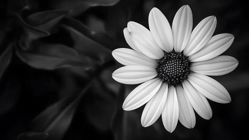 Monochrome daisy close-up with soft blurred foliage.