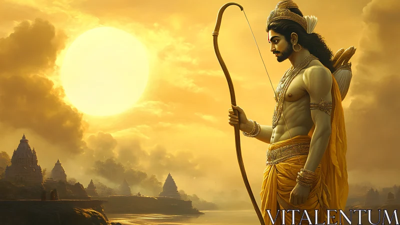 Divine archer stands in golden light above river temples