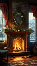 Brick fireplace with lit wreath and winter window view.