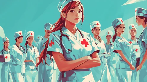 Confident Nurses Standing Together in Modern Digital Art Style.