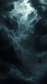 Volumetric storm chasm under celestial fracture lighting