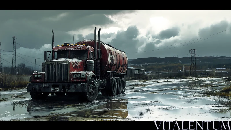 Weathered red tanker truck in bleak flooded landscape.
