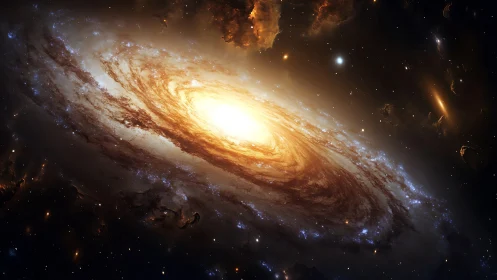 Spiraling golden galaxy glows softly at the heart of deep space