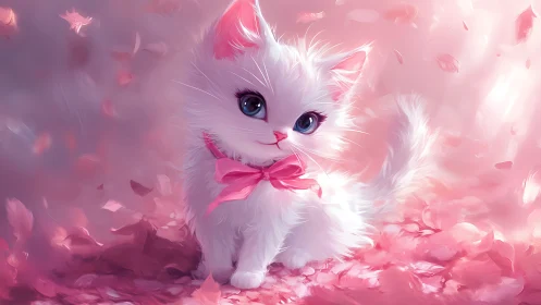 Ethereal White Kitten Among Pink Petals and Soft Light
