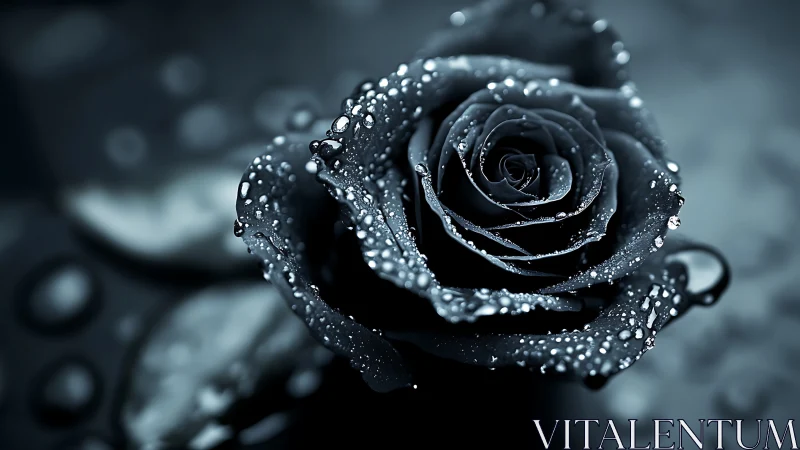 Midnight rose glistening softly under silver raindrops.
