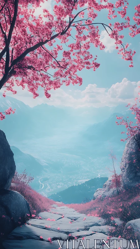 Digital painting of alpine valley under pink blossom canopy.