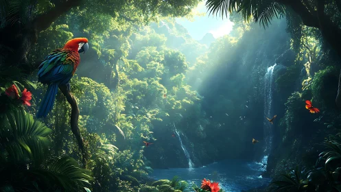Scarlet macaw above tropical river with dense rainforest.