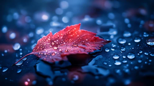 Scarlet rain-soaked leaf adrift on midnight blue pavement.