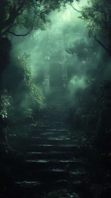 Misty forest stairway rising toward a forgotten stone gate.