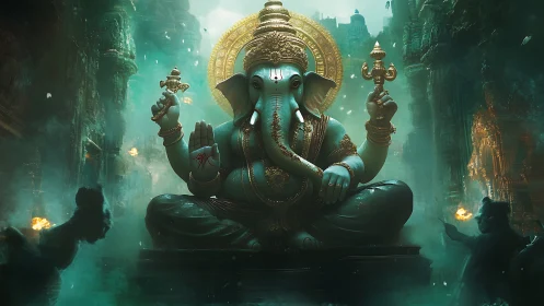 Mystic elephant deity glowing in an emerald temple hush.