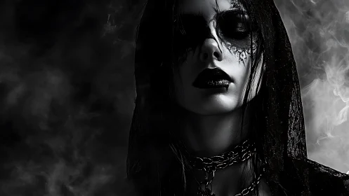 Dark gothic portrait with veil, chains and smoke atmosphere.
