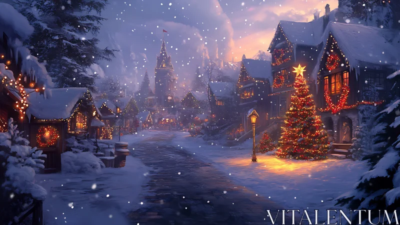 Snowy Christmas village street glows with cozy festive lights