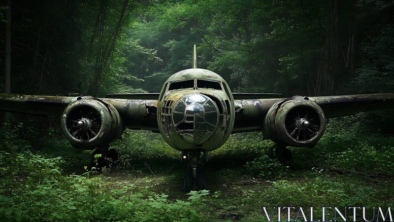 Derelict twin‑engine aircraft fuselage in dense forest.