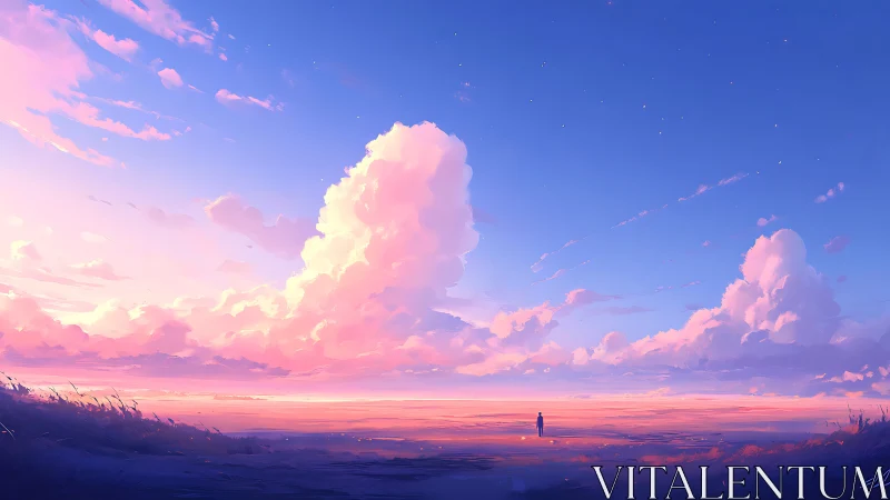 Digital landscape with sunset clouds and distant figure.