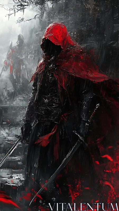 Red hooded rogue walking through a storm of whispered steel.