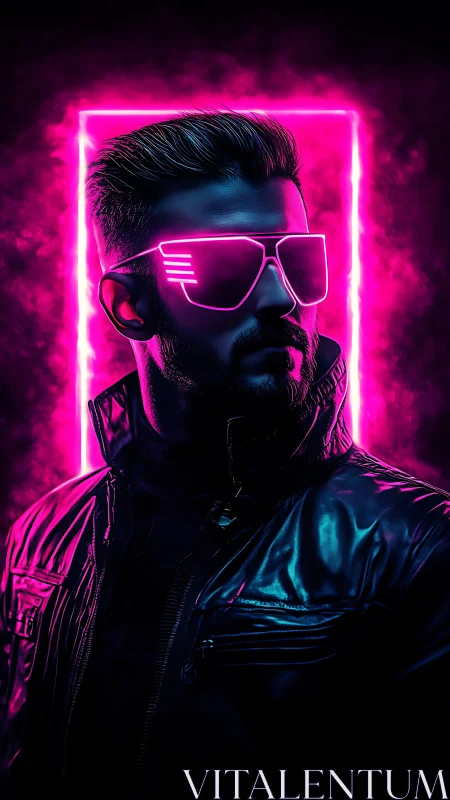 Neon-lit cyber portrait with reflective visor optics and glow geometry.