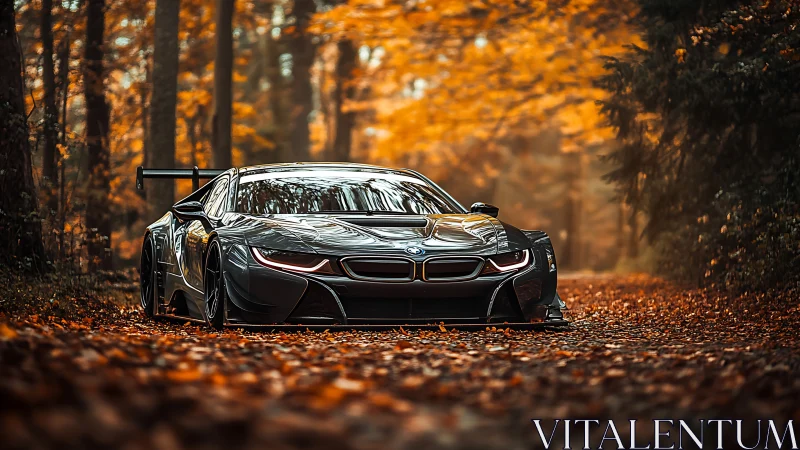 Carbon-fiber sports car framed by cinematic autumn forest.