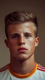 Quiet focus of a freckled young athlete at rest.