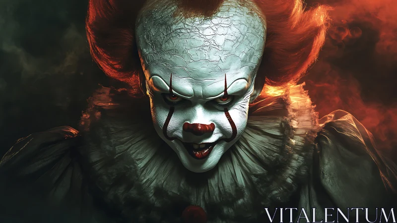 Close frontal view of sinister clown in dramatic lighting.