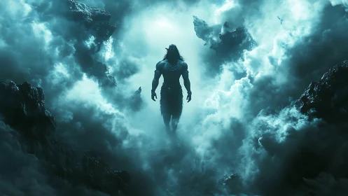 Mythic warrior strides through storm-torn celestial clouds
