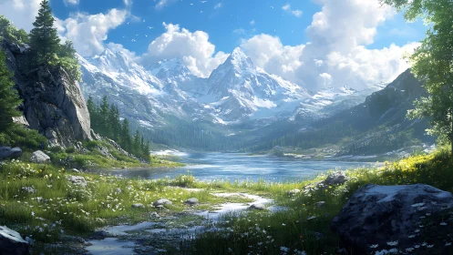 Digital painting of alpine lake with receding mountain vista.