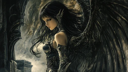 Dark-winged warrior angel pausing in a quiet, moody ruin.