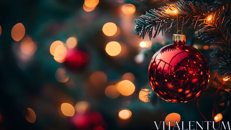 Gleaming red bauble amid warm defocused holiday lights.