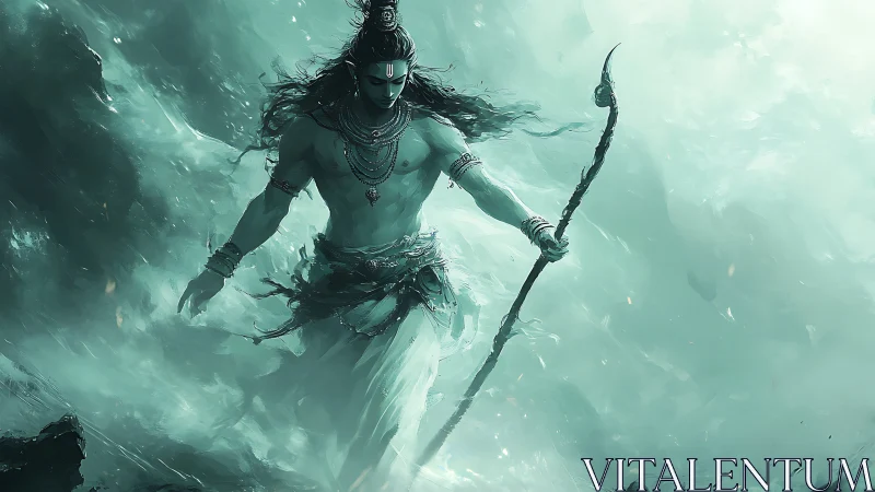 Storm-walking deity in swirling teal celestial mists.