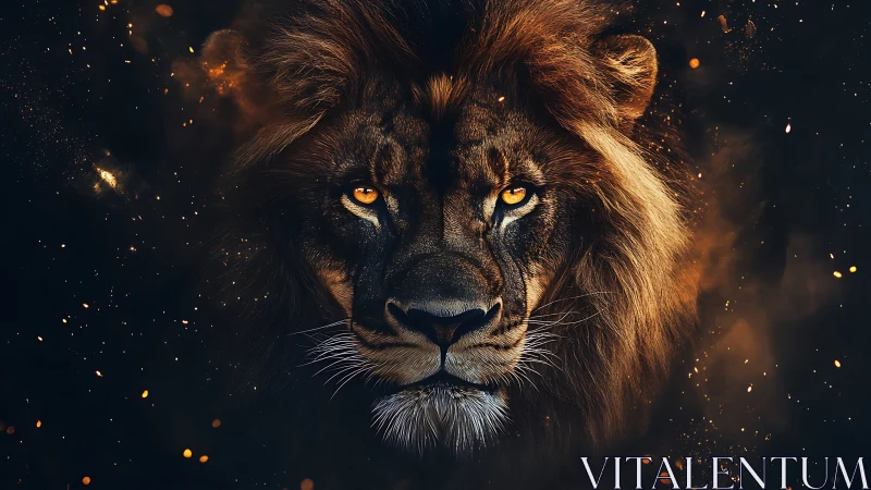 Majestic lion portrait amid glowing ember particles.