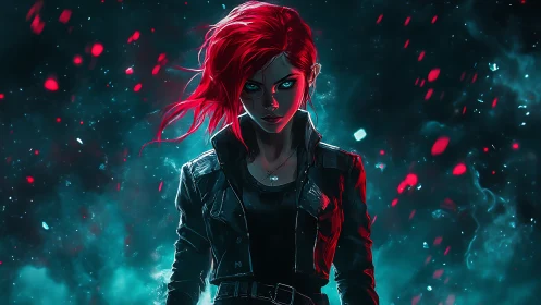 Red-haired cyberpunk heroine stands in glowing particle storm