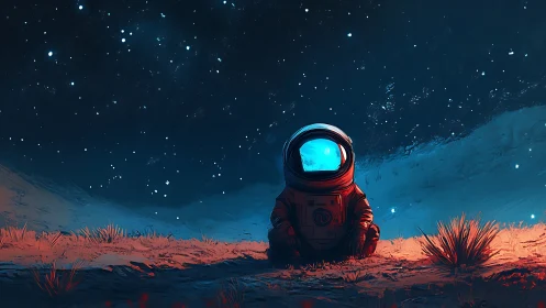 Lonely astronaut rests beneath a vast starlit alien sky.