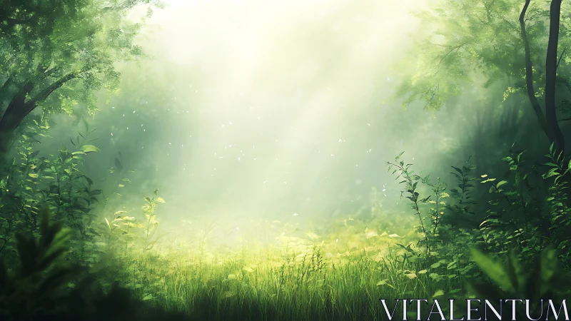 Misty Forest Clearing with Sunlight and Green Vegetation.