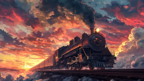 Steam locomotive stitches sunset skies into glowing rails