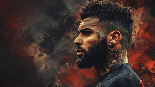 Tattooed footballer portrait amid explosive abstract fire.