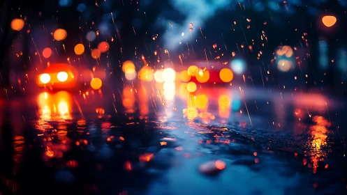 Urban roadway in rain with defocused vehicle lights at night.