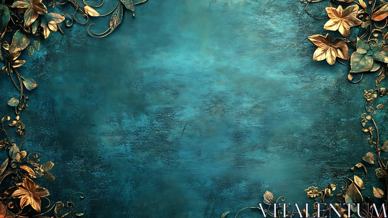 Gilded leaves framing a tranquil teal storytelling space.