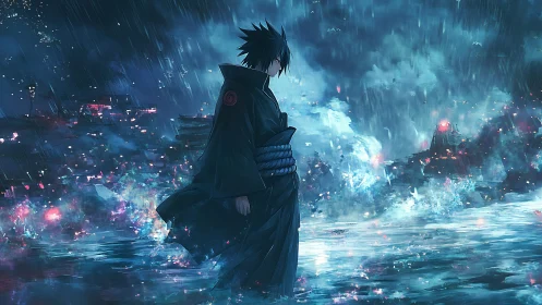 Solitary anime warrior stands in storm over glowing water.