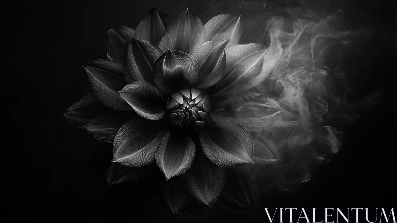 Velvety monochrome flower quietly blooms in drifting mist