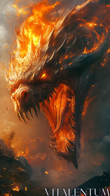 Volcanic fire dragon roaring amid swirling inferno clouds