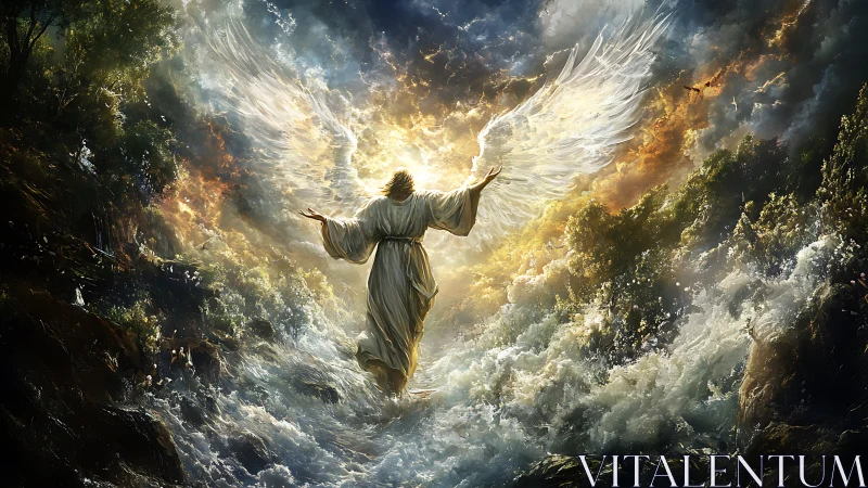 Radiant winged figure rises above storm-torn ocean chasm