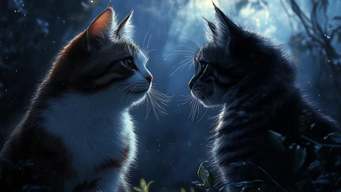 Two Felines Share a Midnight Conversation Under Starlit Skies