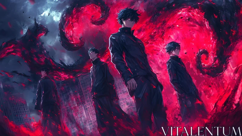 Dark clones command crimson void over storm cityscape.