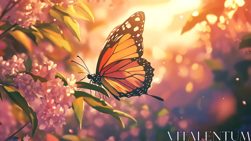 Monarch butterfly on pink blossoms in warm backlighting.