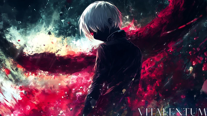 Anime silhouette with crimson energy wings in dynamic backlight.