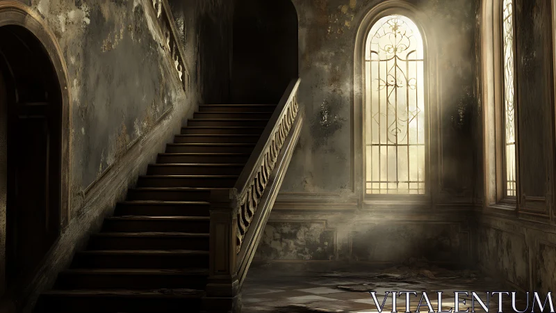 Sunlit dust drifts through a grand, decaying stairwell