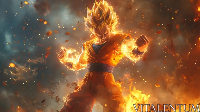 Dynamic anime fighter in blazing elemental power aura.
